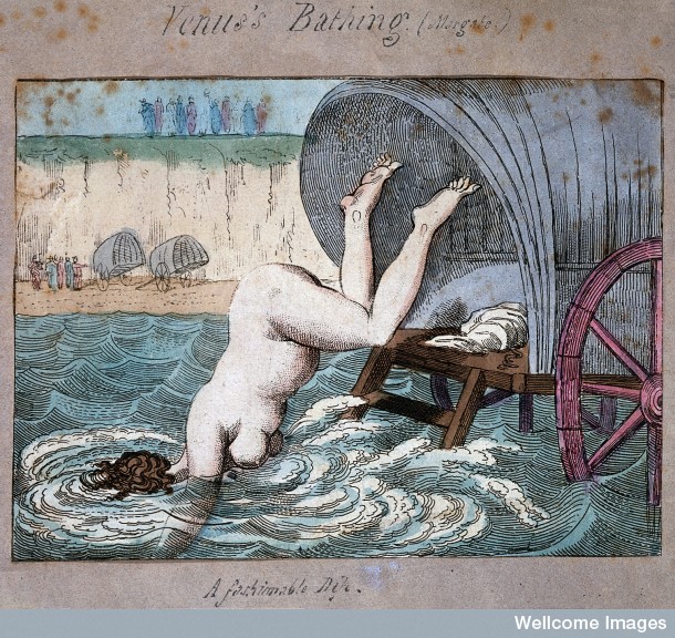 L0017751 A woman diving off a bathing wagon in to the sea. Coloured e